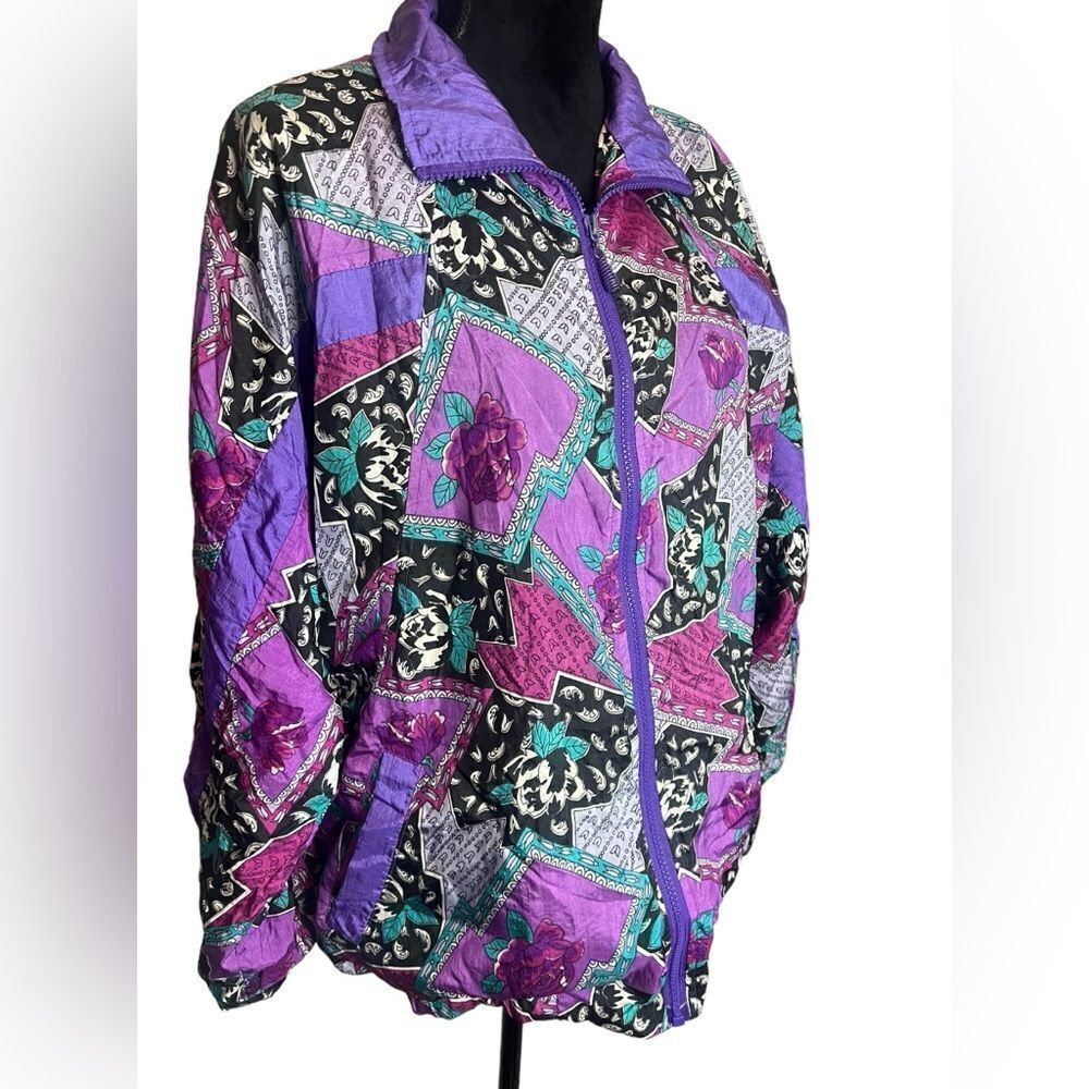 VINTAGE 80s/90s RAFEAL COLOR BLOCK‎ PRINTED WINDBREAKER JACKET WOMENS SIZE LARGE - Picture 3 of 12
